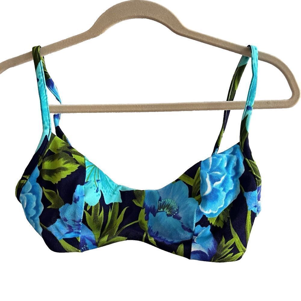 90s Vtg Floral Bikini Swimwear Matching Boho Blue Green 36C Medium Women’s Top